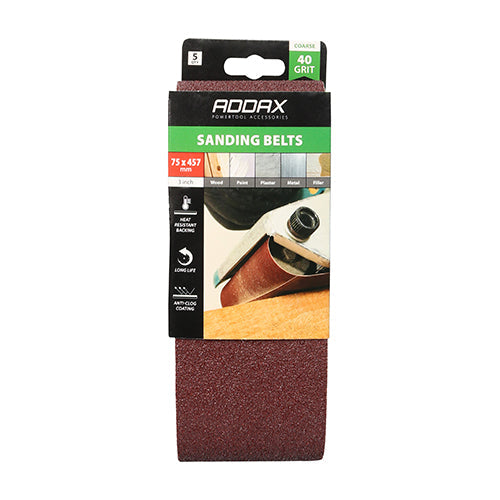 TIMCO Sanding Belts, 40 Grit, Red, 75 x 457mm, Pack of 5