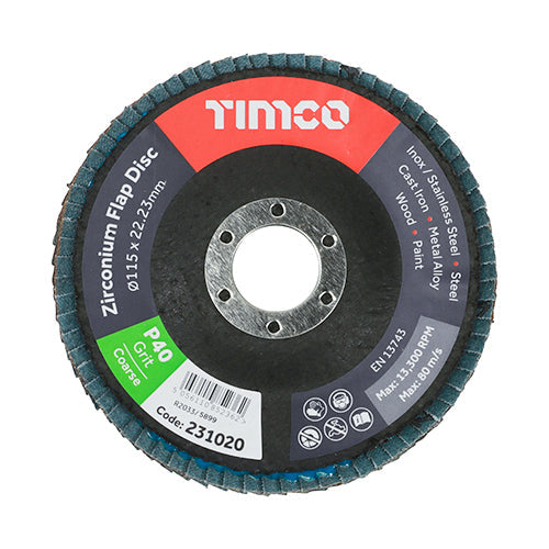 TIMCO Set of Flap Discs, Zirconium, Type 29 Conical, P40 Grit, 115 x 22.23, Box of 10