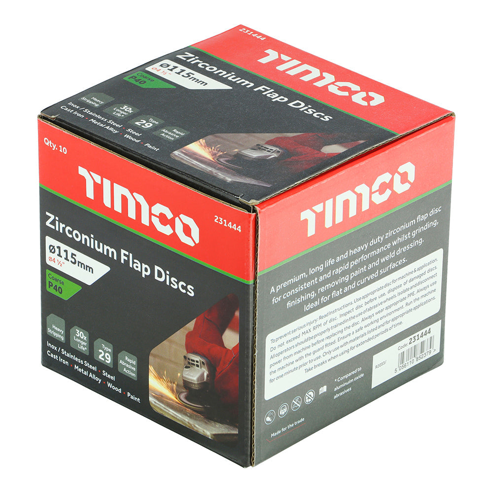 TIMCO Set of Flap Discs, Zirconium, Type 29 Conical, P40 Grit, 115 x 22.23, Box of 10
