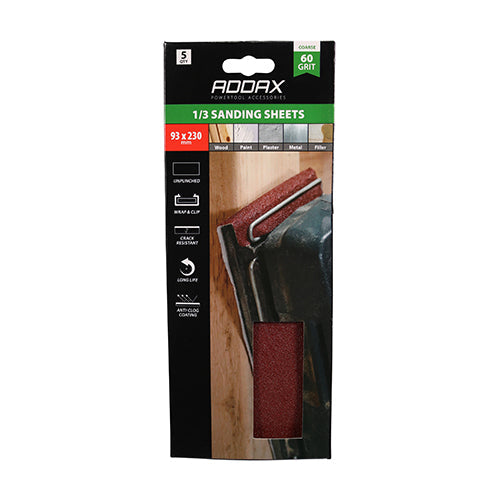 TIMCO 1/3 Sanding Sheets, 60 Grit, Red, Unpunched, 93 x 230mm, Pack of 5