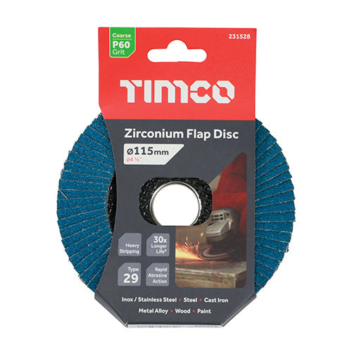 TIMCO Flap Disc, Zirconium, Type 29 Conical, P60 Grit, 115 x 22.23