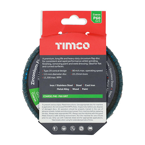 TIMCO Flap Disc, Zirconium, Type 29 Conical, P60 Grit, 115 x 22.23