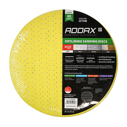 TIMCO Drylining Sanding Discs, 60 Grit, Yellow, 225mm, Pack of 25