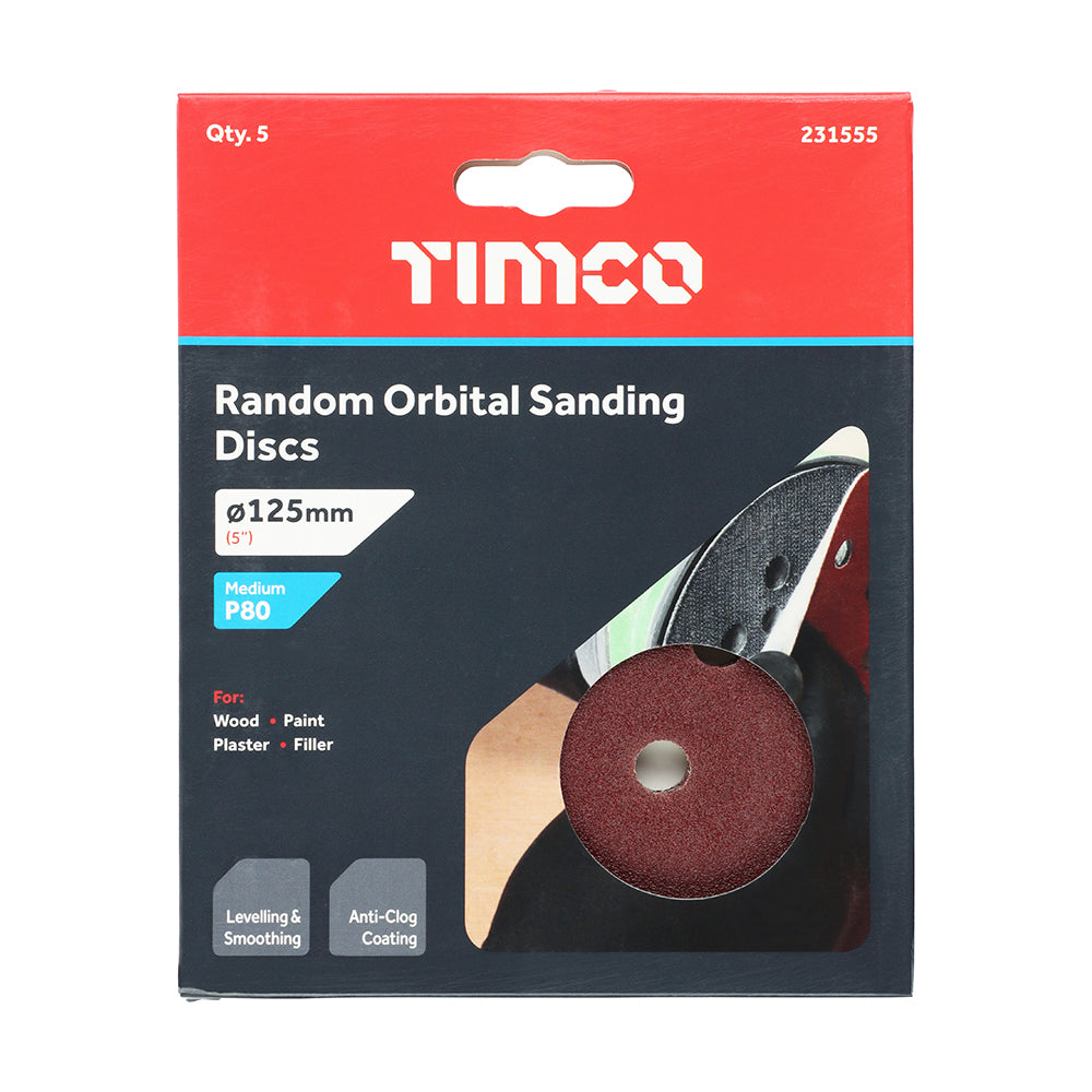 TIMCO Random Orbital Sanding Discs, 80 Grit, Red, 125mm, Pack of 5
