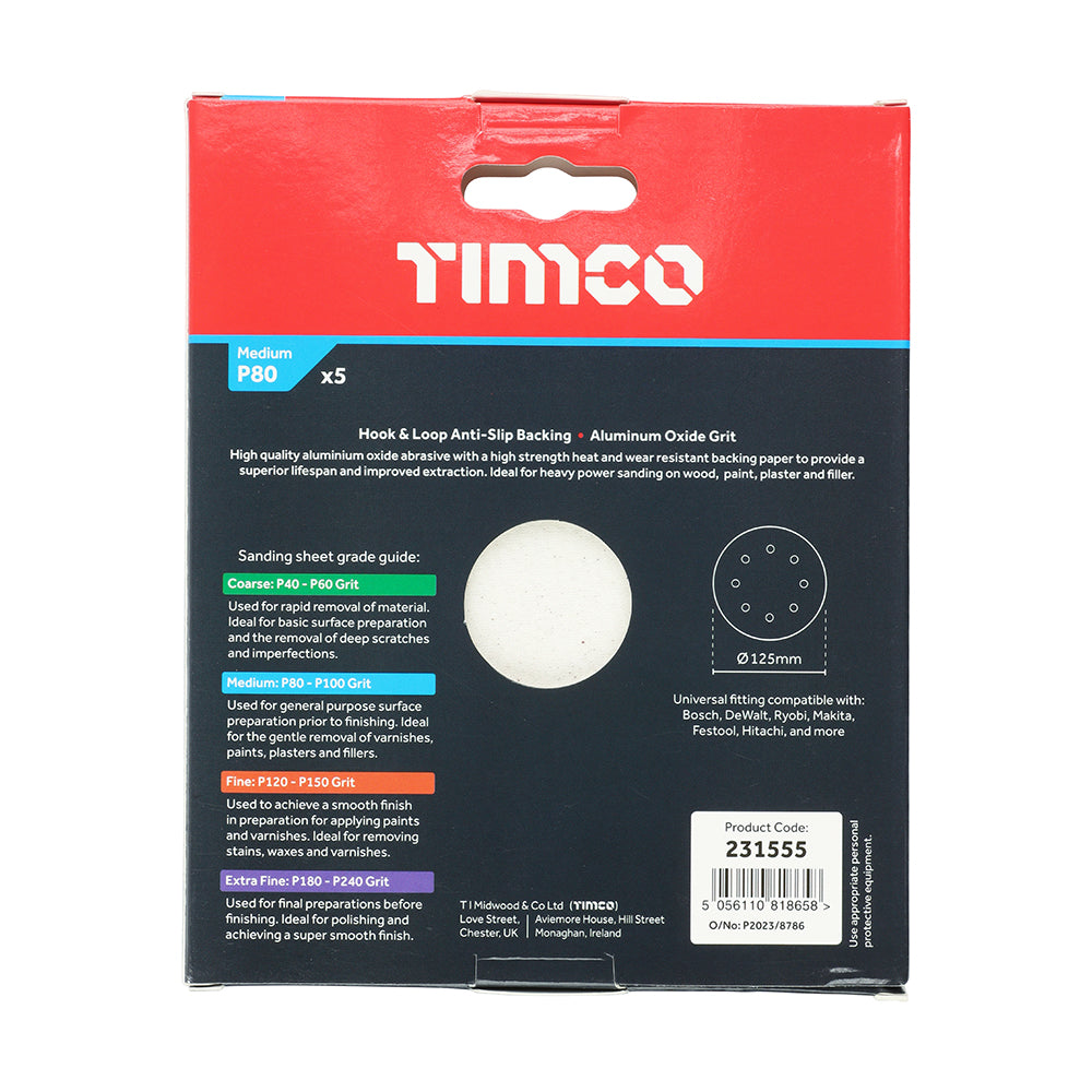 TIMCO Random Orbital Sanding Discs, 80 Grit, Red, 125mm, Pack of 5