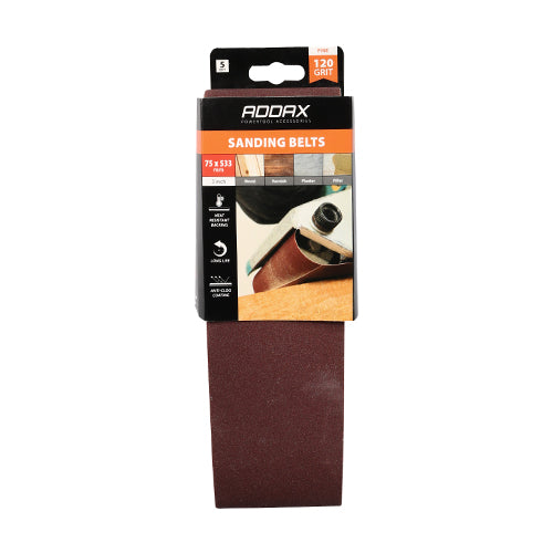TIMCO Sanding Belts, 120 Grit, Red, 75 x 533mm, Pack of 5
