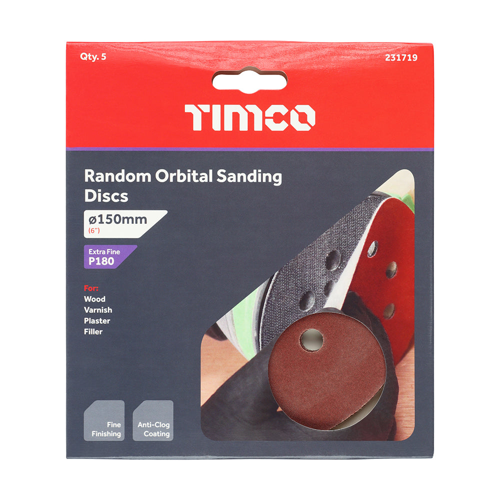 TIMCO Random Orbital Sanding Discs, 180 Grit, Red, 150mm, Pack of 5