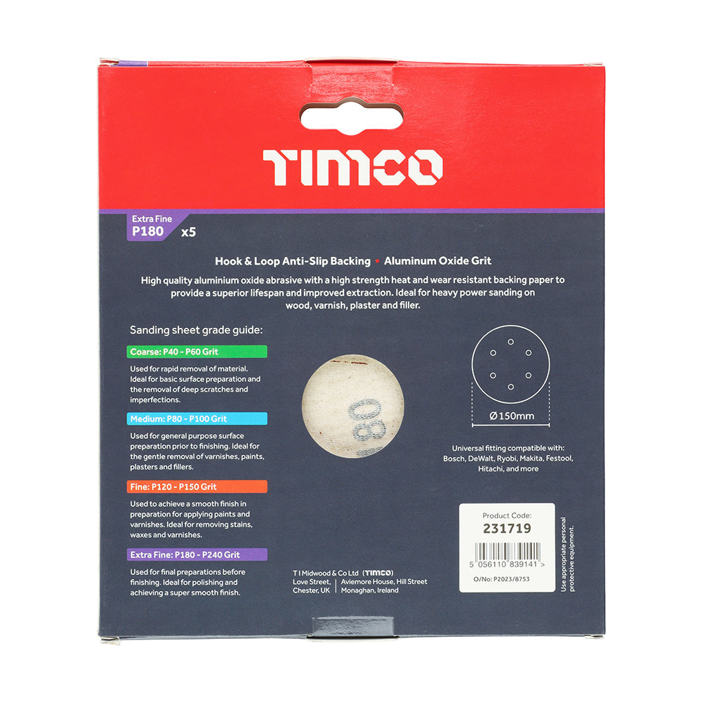 TIMCO Random Orbital Sanding Discs, 180 Grit, Red, 150mm, Pack of 5