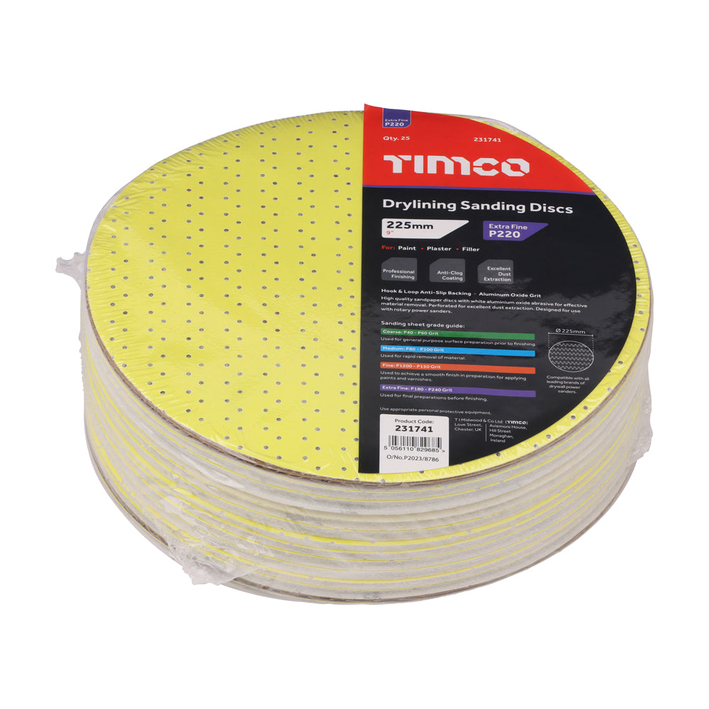 TIMCO Drylining Sanding Discs, 220 Grit, Yellow, 225mm, Pack of 25
