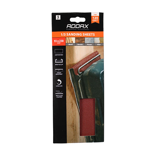 TIMCO 1/3 Sanding Sheets, 120 Grit, Red, Unpunched, 93 x 230mm, Pack of 5