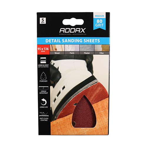 TIMCO Detail Sanding Pads, 80 Grit, Red, 95 x 136mm, Pack of 5