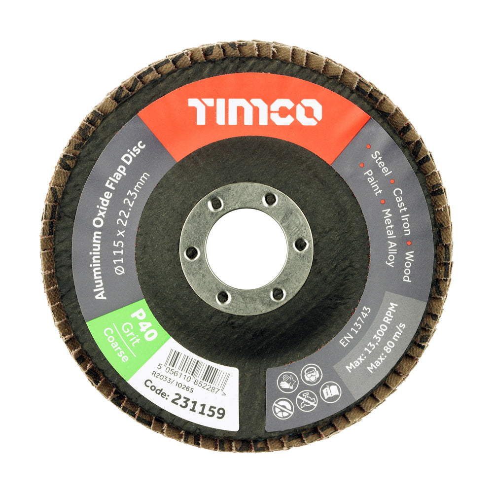 TIMCO Set of Flap Discs, Aluminium Oxide, Type 29 Conical, 40 Grit, 115 x 22.23, Pack of 10