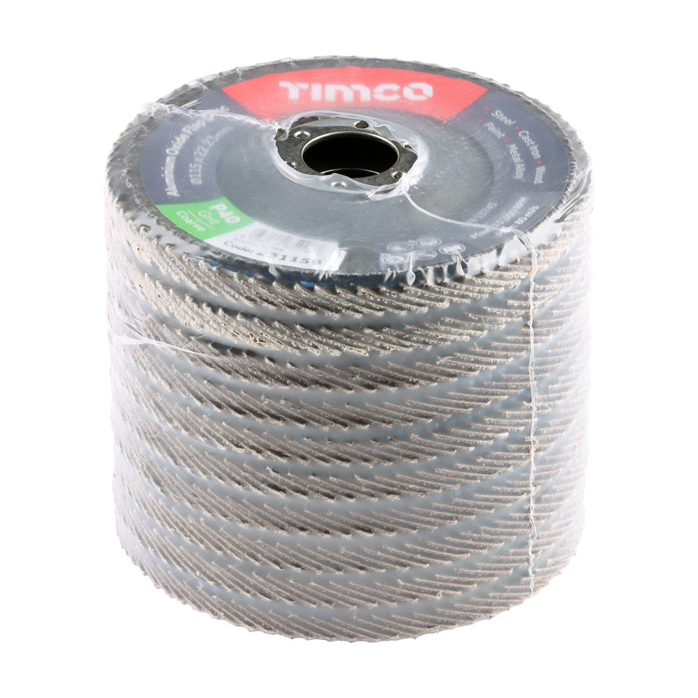 TIMCO Set of Flap Discs, Aluminium Oxide, Type 29 Conical, 40 Grit, 115 x 22.23, Pack of 10