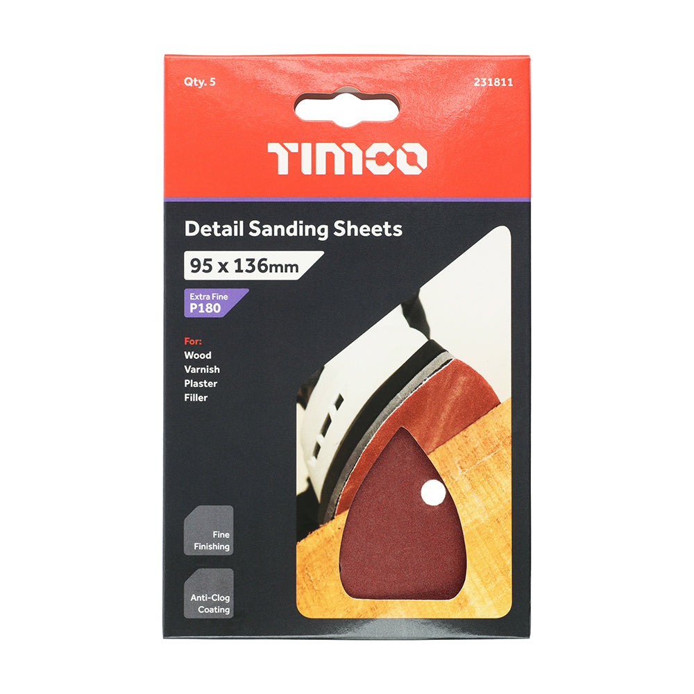 TIMCO Detail Sanding Pads, 180 Grit, Red, 95 x 136mm, Pack of 5