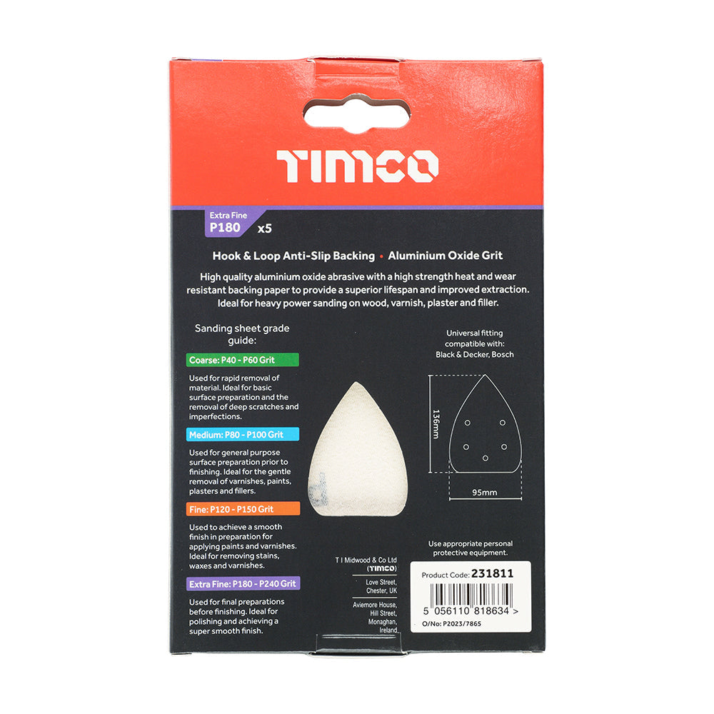 TIMCO Detail Sanding Pads, 180 Grit, Red, 95 x 136mm, Pack of 5