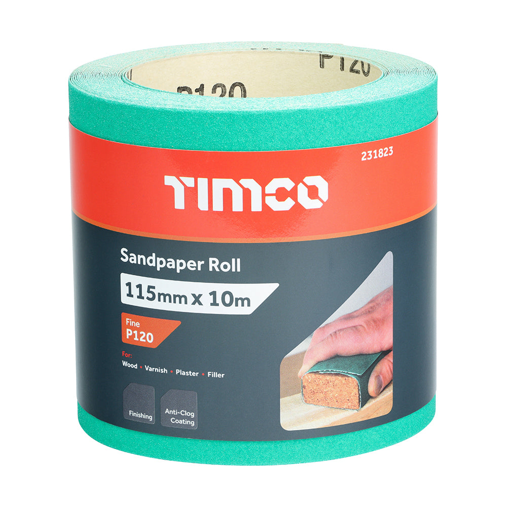 TIMCO Sandpaper Roll, 120 Grit, Green, 115mm x 10m