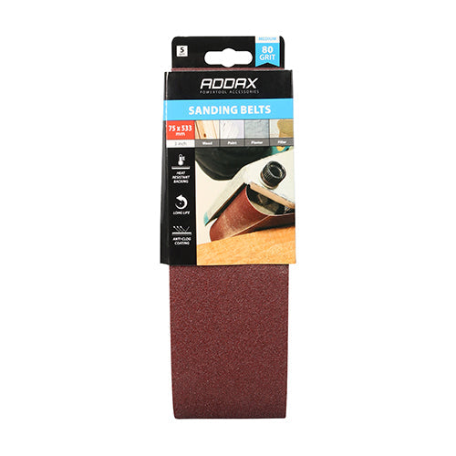 TIMCO Sanding Belts, 80 Grit, Red, 75 x 533mm, Pack of 5