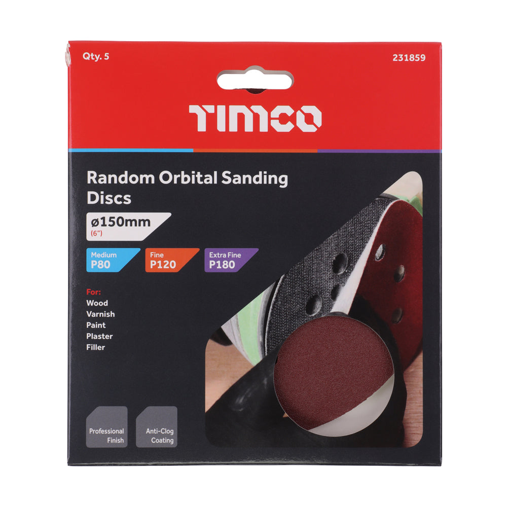 TIMCO Random Orbital Sanding Discs, Mixed, Red, 150mm (80/120/180), Pack of 5