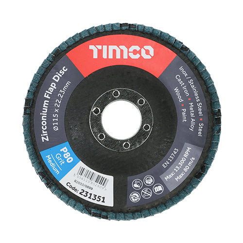 TIMCO Set of Flap Discs, Zirconium, Type 29 Conical, P80 Grit, 115 x 22.23, Box of 10