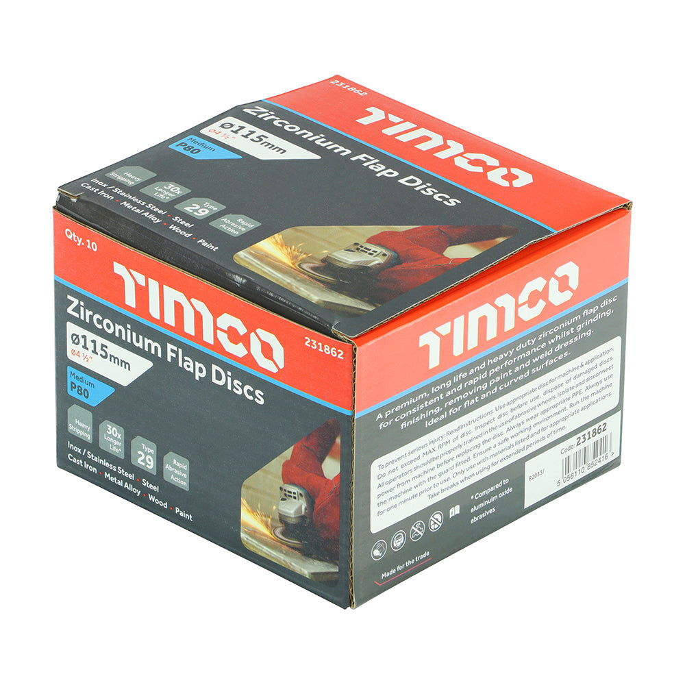 TIMCO Set of Flap Discs, Zirconium, Type 29 Conical, P80 Grit, 115 x 22.23, Box of 10
