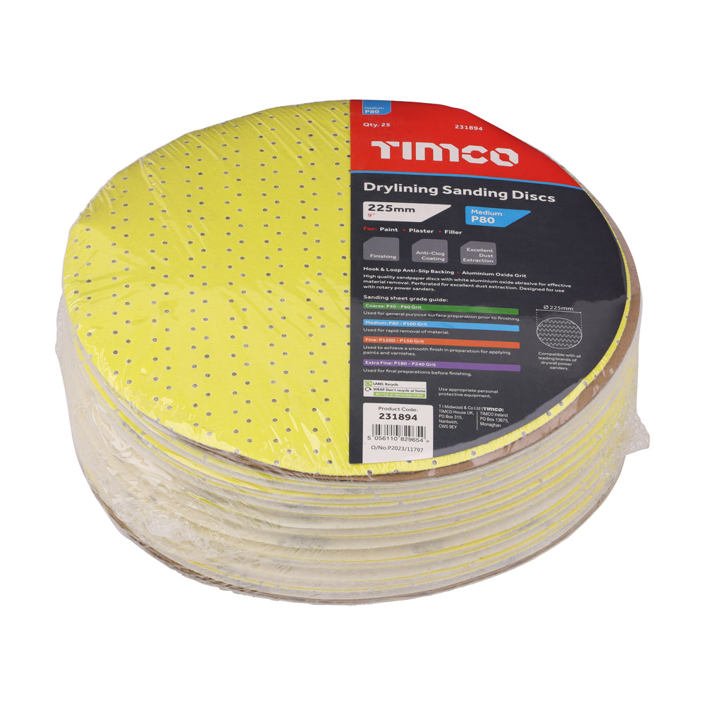 TIMCO Drylining Sanding Discs, 80 Grit, Yellow, 225mm, Pack of 25