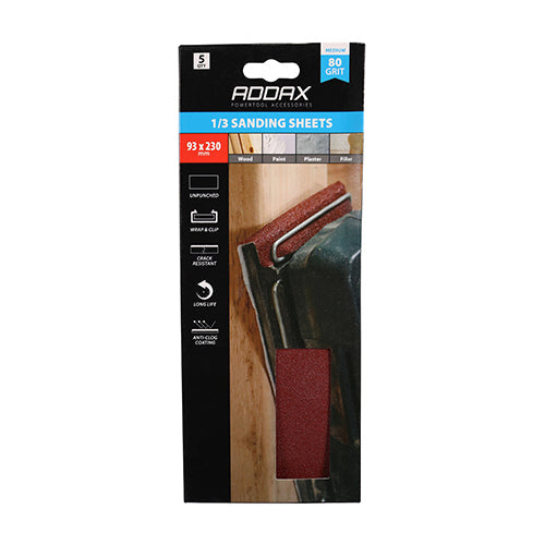 TIMCO 1/3 Sanding Sheets, 80 Grit, Red, Unpunched, 93 x 230mm, Pack of 5