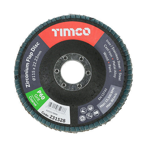 TIMCO Set of Flap Discs, Zirconium, Type 29 Conical, P60 Grit, 115 x 22.23, Box of 10