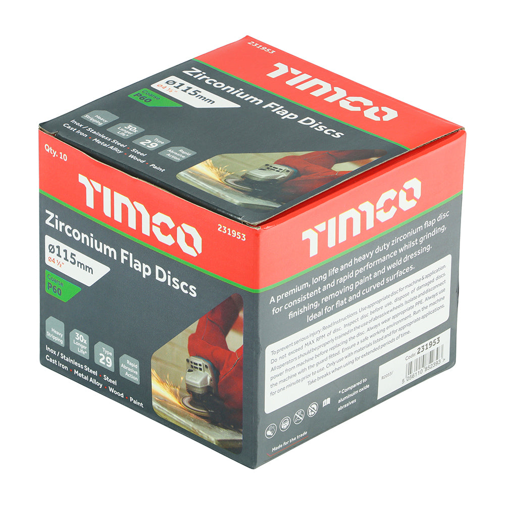 TIMCO Set of Flap Discs, Zirconium, Type 29 Conical, P60 Grit, 115 x 22.23, Box of 10