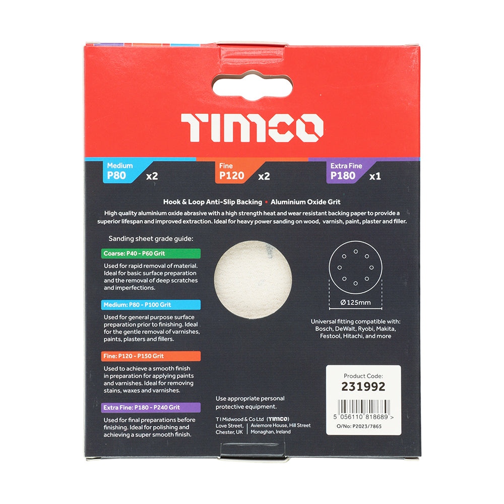 TIMCO Random Orbital Sanding Discs, Mixed, Red, 125mm (80/120/180), Pack of 5