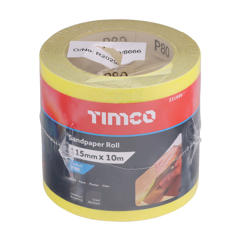 TIMCO Sandpaper Roll, 80 Grit, Yellow, 115mm x 10m