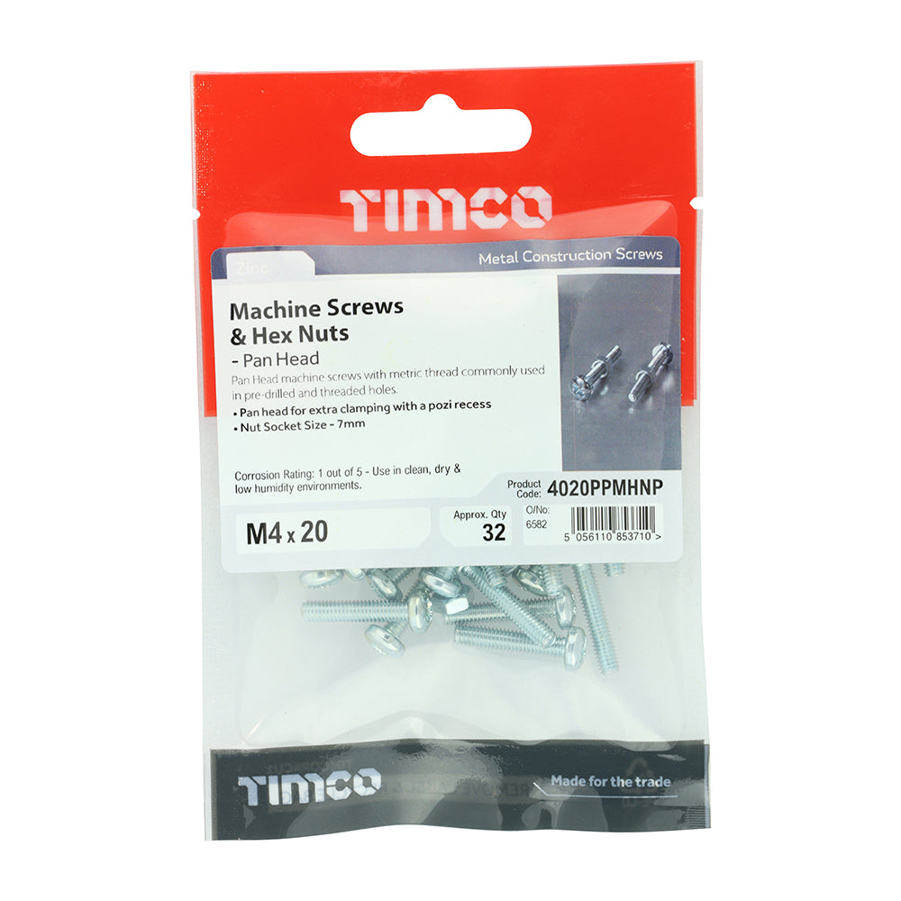 TIMCO Machine Screws, PZ, Pan & Hex Nuts, Zinc, M4 x 20, Pack of 32