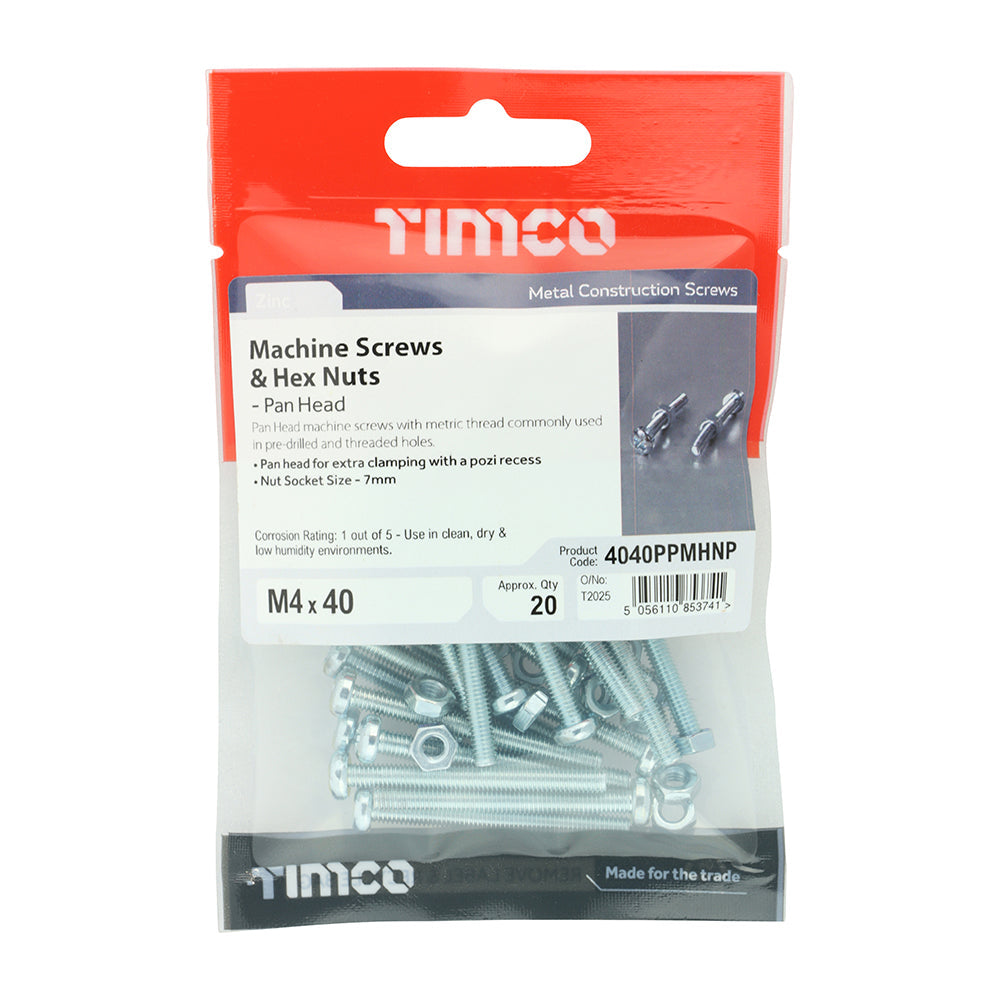 TIMCO Machine Screws, PZ, Pan & Hex Nuts, Zinc, M4 x 40, Pack of 20