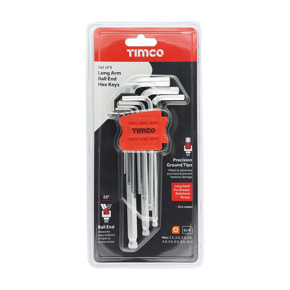 TIMCO Long Arm Ball End Hex Key Set, 9pcs