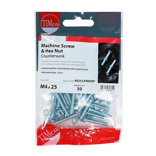 TIMCO Machine Screws, PZ, Countersunk & Hex Nuts, Zinc, M5 x 16, Pack of 35