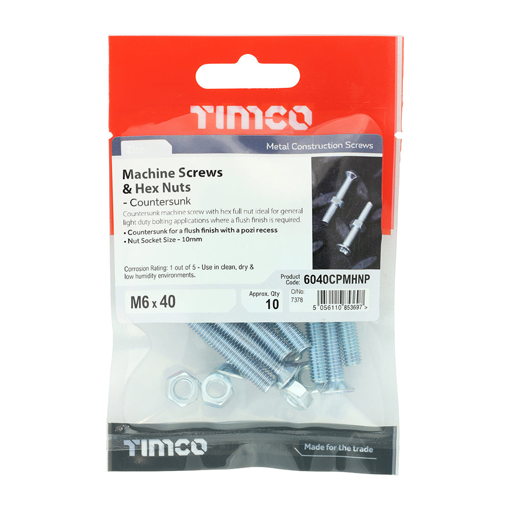 TIMCO Machine Screws, PZ, Countersunk & Hex Nuts, Zinc, M6 x 40, Pack of 10