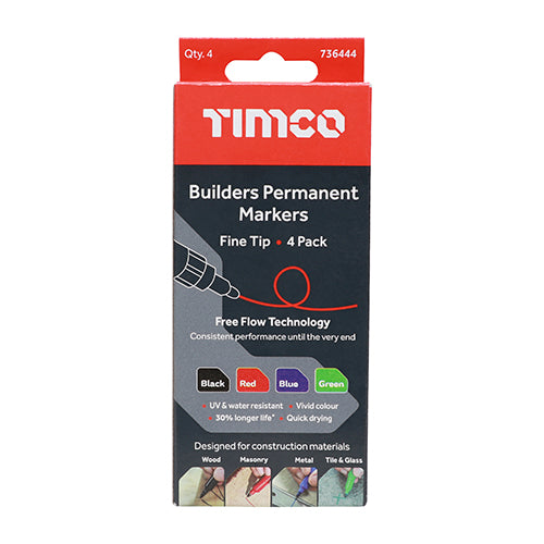 TIMCO Builders Permanent Markers, Fine Tip, Mixed Colours, Box of 4