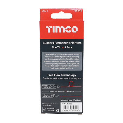 TIMCO Builders Permanent Markers, Fine Tip, Mixed Colours, Box of 4