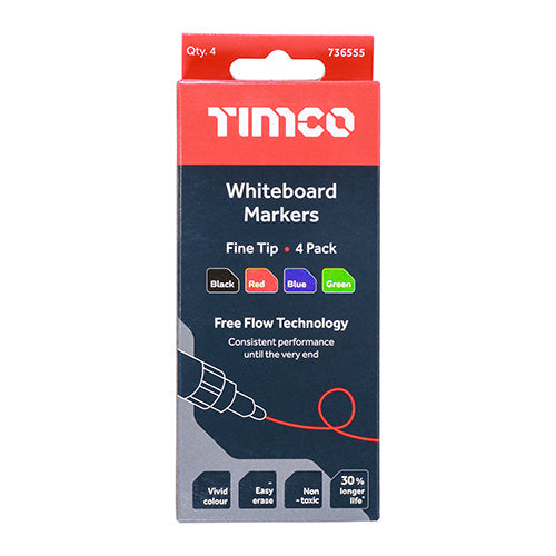 TIMCO Whiteboard Markers, Fine Tip, Mixed Colours, Fine Tip Four Pack, Box of 4