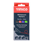 TIMCO Whiteboard Markers, Fine Tip, Mixed Colours, Fine Tip Four Pack, Box of 4