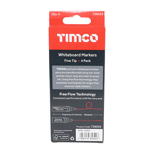 TIMCO Whiteboard Markers, Fine Tip, Mixed Colours, Fine Tip Four Pack, Box of 4