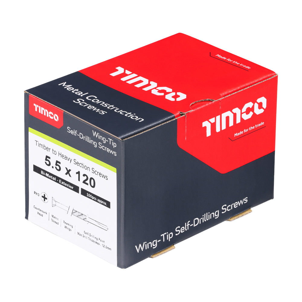 TIMCO Metal Construction Timber to Heavy Section Screws, Countersunk, Wing-Tip, Self-Drilling, Exterior, Silver Organic, 5.5 x 120, Box of 100