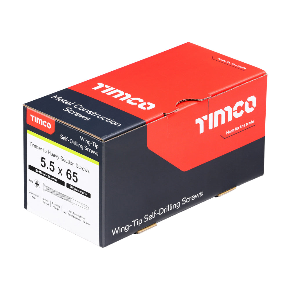 TIMCO Metal Construction Timber to Heavy Section Screws, Countersunk, Wing-Tip, Self-Drilling, Exterior, Silver Organic, 5.5 x 65, Box of 200