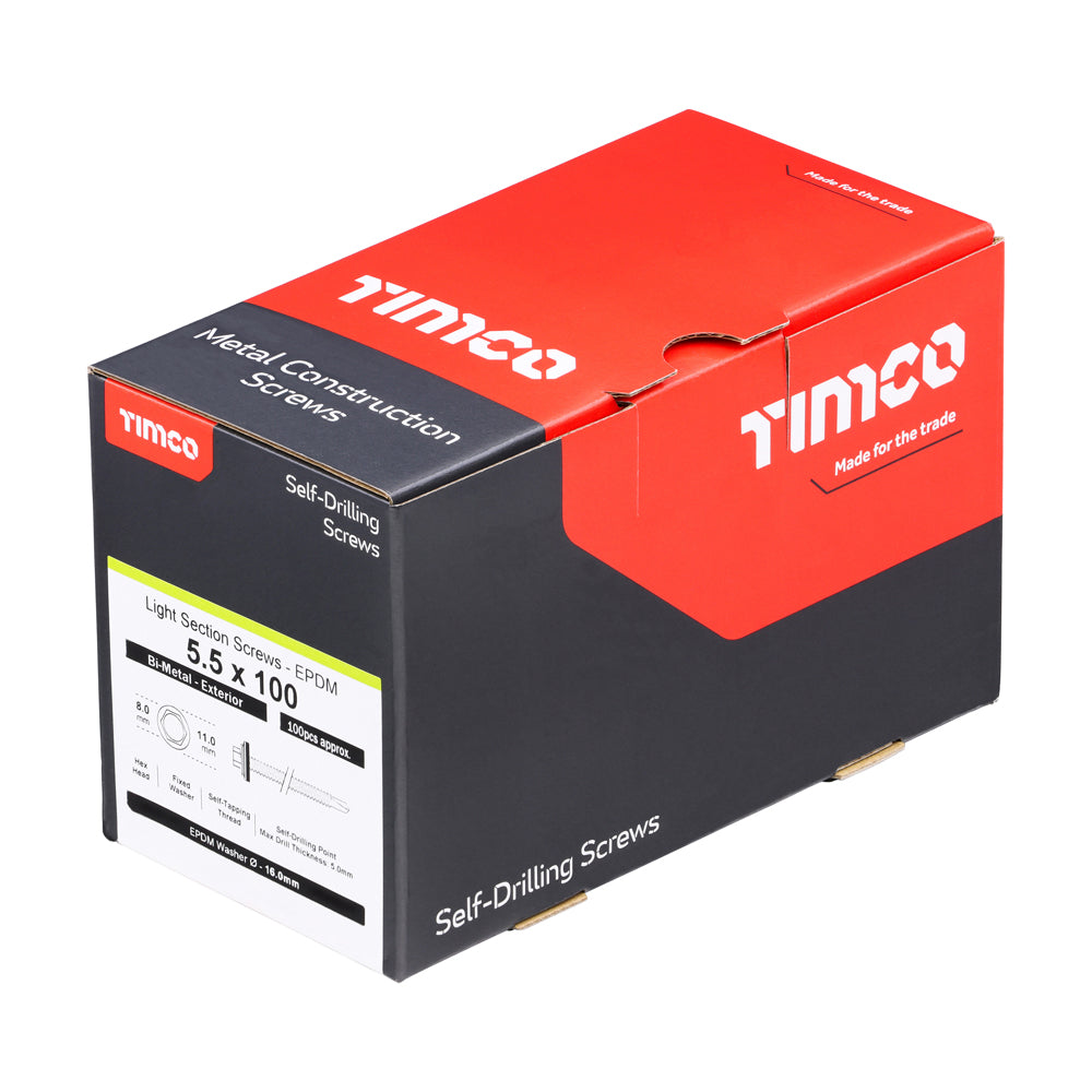 TIMCO Metal Construction Light Section Screws, Hex, EPDM Washer, Self-Drilling, Exterior, Silver Organic, 5.5 x 100, Pack of 100, BML100W16