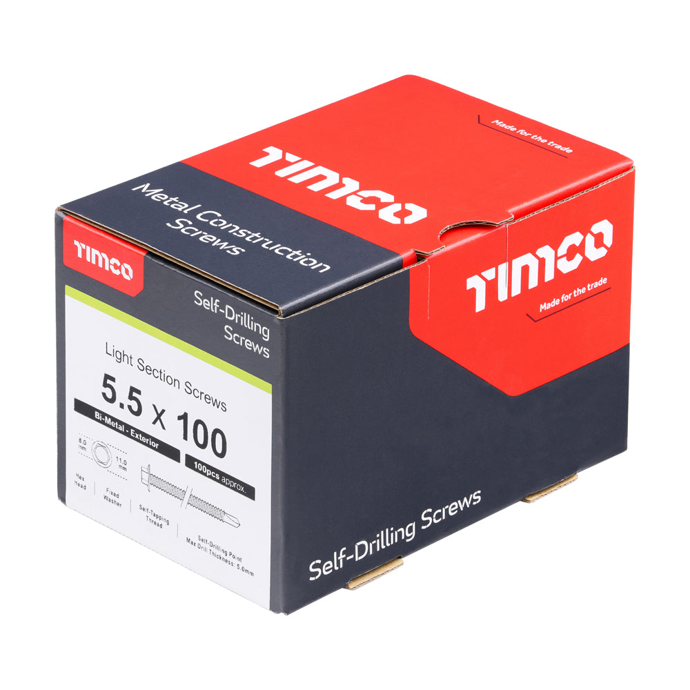 TIMCO Metal Construction Light Section Screws, Hex, Self-Drilling, Bi-Metal, Exterior, Silver Organic, 5.5 x 100, Box of 100