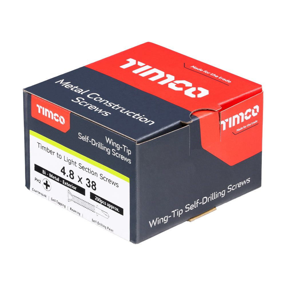 TIMCO Metal Construction Timber to Light Section Screws, Countersunk, Wing-Tip, Self-Drilling, Bi-Metal, Exterior, Silver Organic, 4.8 x 38