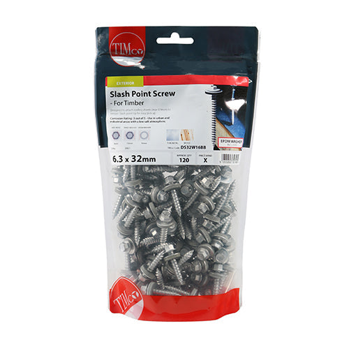 TIMCO Metal Construction Thin Sheet Metal to Timber Screws, Hex, EPDM Washer, Slash Point, Exterior, Silver Organic, 6.3 x 32, Pack of 120
