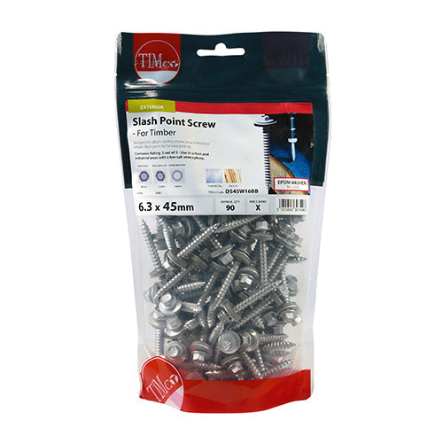 TIMCO Metal Construction Thin Sheet Metal to Timber Screws, Hex, EPDM Washer, Slash Point, Exterior, Silver Organic, 6.3 x 45, Pack of 90
