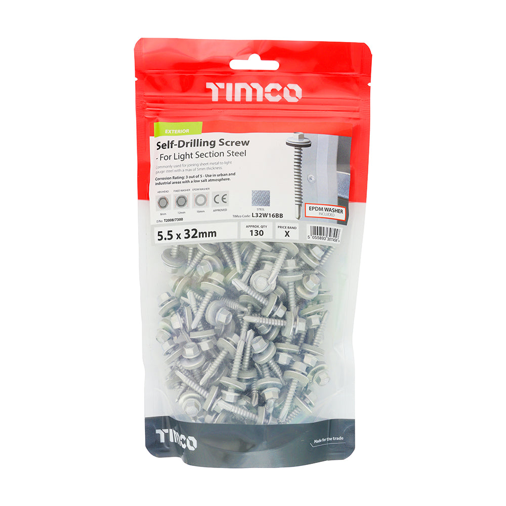 TIMCO Metal Construction Light Section Screws, Hex, EPDM Washer, Self-Drilling, Exterior, Silver Organic, 5.5 x 32, Pack of 130