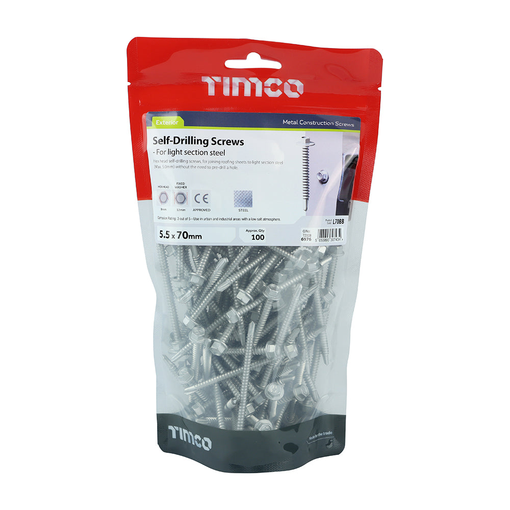 TIMCO Metal Construction Light Section Screws, Hex, Self-Drilling, Exterior, Silver Organic, 5.5 x 70, Pack of 100, L70BB