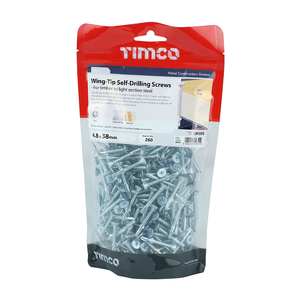 TIMCO Metal Construction Timber to Light Section Screws, Countersunk, Wing-Tip, Self-Drilling, Zinc, 4.8 x 38, Pack of 260